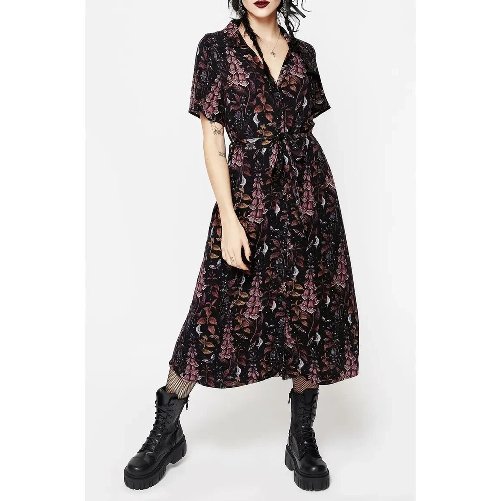 Disturbia Foxglove Botanical Goth Floral Midi Shirt Dress In Black Size US 4